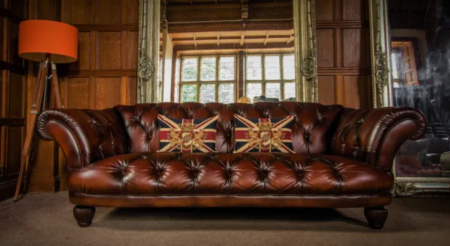 Tetrad Oskar Large Chesterfield Conker Brown Tan Antique Leather 3/4 Seater Sofa