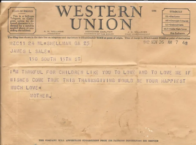 1942 Western Union Telegram From "Mother"