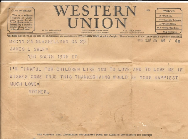 1942 Western Union Telegram From "Mother"