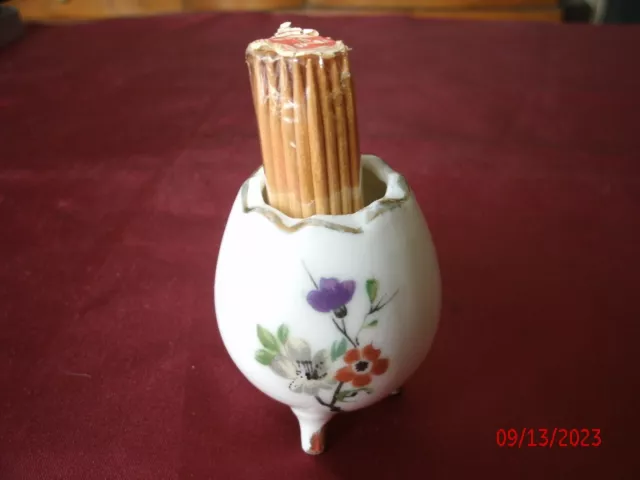 Vintage Ceramic ENESCO JAPAN Footed Egg Toothpick Holder Flowers WITH TOOTHPICKS