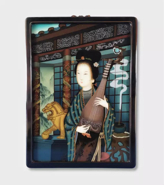 Vieille Peinture Originale Chinoise Inversée sur Verre Portrait de Dame au Luth 3