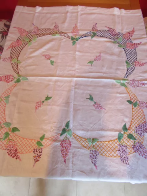 Pretty Vintage Wedding Tea  Hand Wisteria  Embroidered  Linen Tablecloth 46"sq