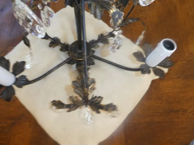 Vintage style chandelier, dark grey with gold touches, crystal drops, 45cms wide