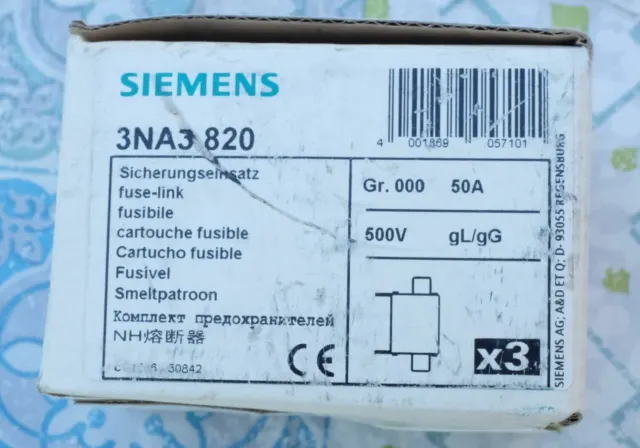 3X Siemens 3NA3820 fusible 50A taille 000 gL/gG 500V Lot de 3 3