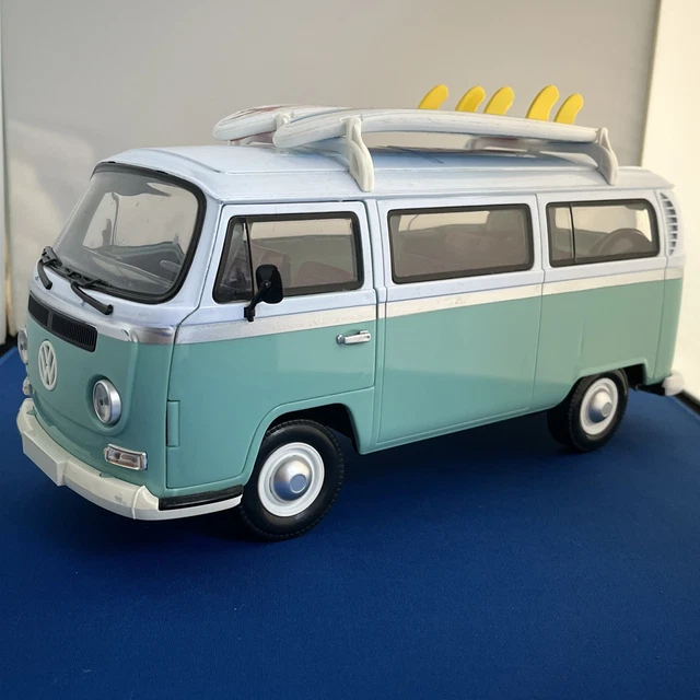 LARGE PALE BLUE & White VW T2 bay window camper van with surf boards ...