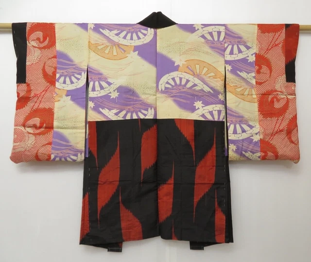 1118T01z460 Antqiue Japanese Kimono Silk MEISEN HAORI Black Redorange