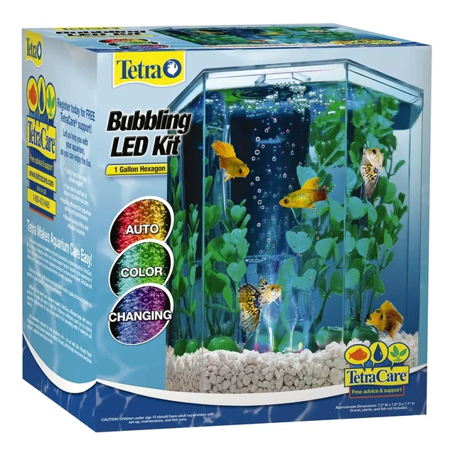 Tetra Bubbling LED Aquarium Kit 1 Gallon, Hexagon Shape, with Color-Changing Lig