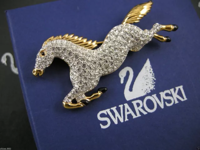 Signed Swarovski Pave' Crystal Horse Pin ~ Brooch Retired Rare New In Box