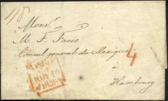 HAMBURG-GRENZÜBERGANGSSTEMPEL 1838, PAID..., roter R4 auf Briefhülle von London