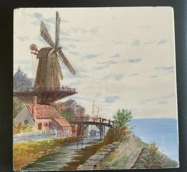 Minton Stoke on Trent -WINDMILL & CANAL- Hand Painted Vintage Ceramic Tile