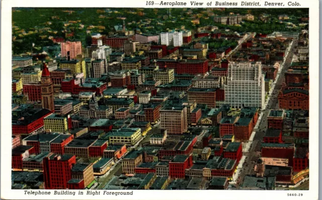 Aeroplane View Business District, Denver, Colorado Postcard (1920s)