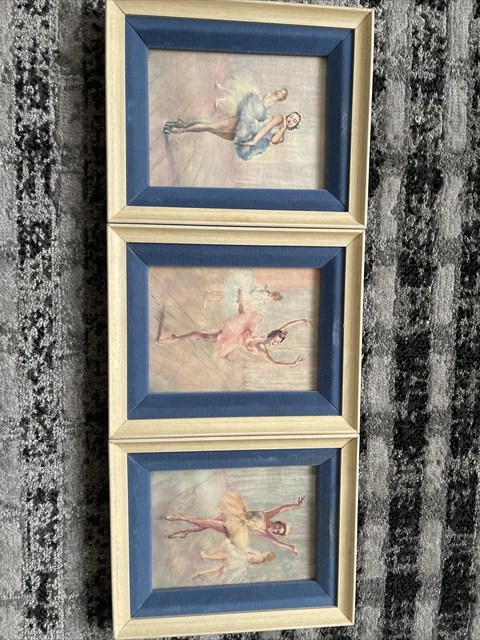 Set of 3 Framed Pal Fried Ballerina Prints in Pastel Shades with Blue Velvet