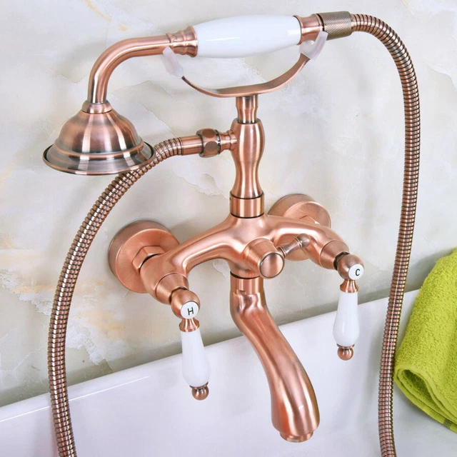 Red Copper Bathtub Faucet Wall Mount Tub Telephone Set Shower Hot Cold Mixer Tap