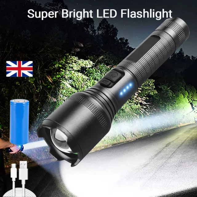 XHP60 Rechargeable Super Bright LED Flashlight Zoom Tactical Torch 5 Modes
