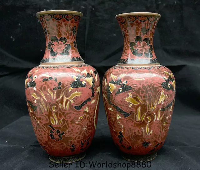 10.4" Old Chinese Cloisonne Enamel Copper Dynasty Palace Dragon Bottle Vase Pair