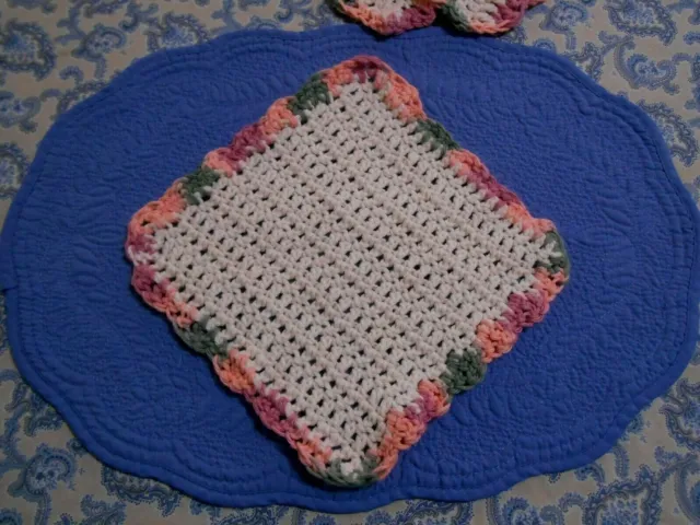 Crochet Wash Dish Cloth Beige with Green Peach & Pink Border Handmade