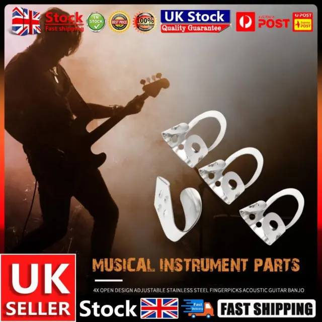 Adjustable 3 Finger Picks+1 Thumb Pick Acoustic Guitar Banjo Pick (Silver) UK