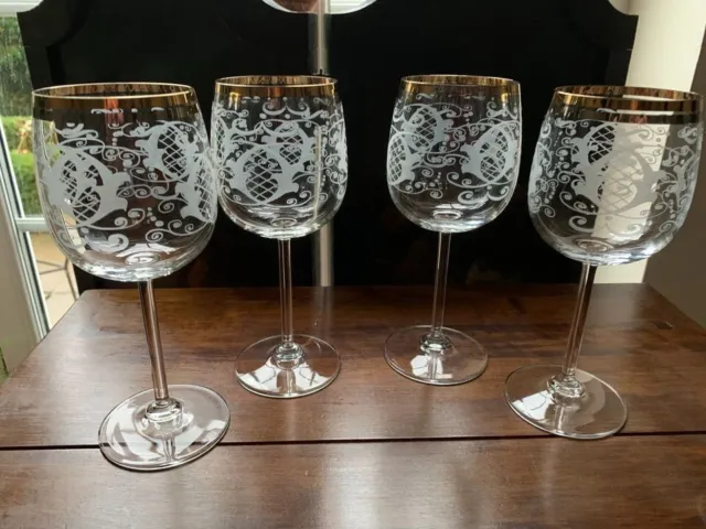Set Of 4 Elegant Fine Wine Goblets - Czech Etched Crystal With Gold Rim - H 19.5