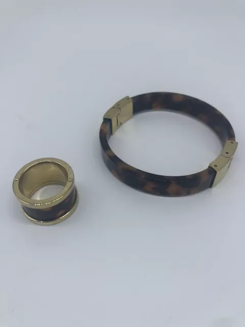 Michael Kors Faux Tortoise Shell Hinged Bangle Bracelet & Ring W/Gold Tone Metal