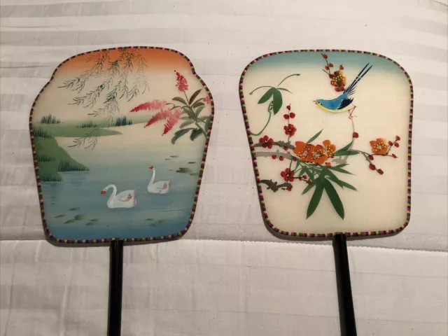 Vintage Chinese Silk and Bamboo Hand Painted Paddle Fans - Floral 12"