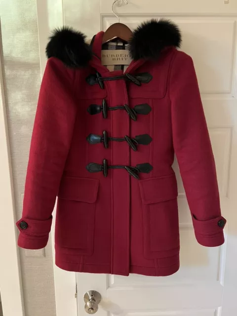 Burberry Brit Womens Red Duffle Coat with Fur Hood Wool US 4 Good Used Condition