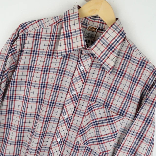 Camicia Uomo Vintage anni '70 Peaked Collar A Quadri Discoteca TAGLIA XL (M664)