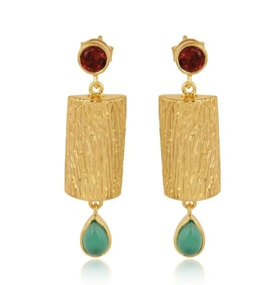 Tree Bark Textured Earrings Yellow Gold Plated Garnet & Green Onyx Brass Earring