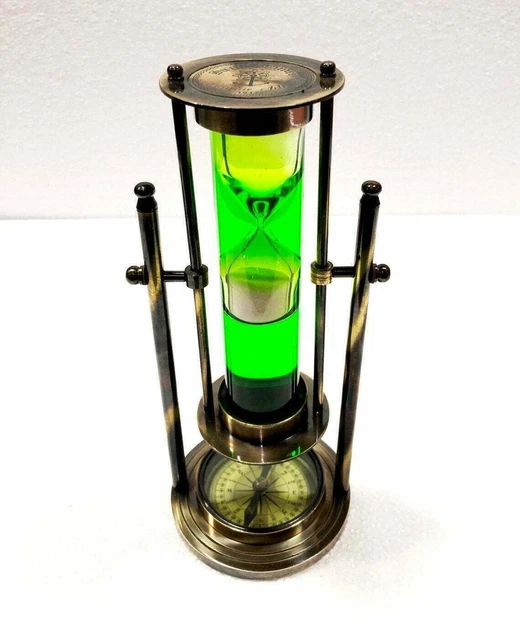 9"Green Liquid Sand Timer Antique Nautical Ship Maritime Hourglass w/Compass