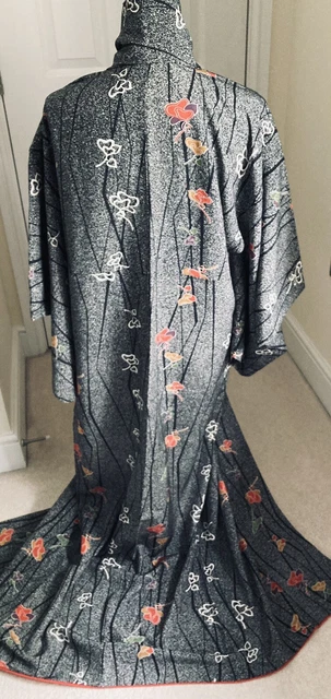 Komon/kimono/abito vintage da donna giapponese"" nero crepe ""Tulipani brillanti"" XS/Small