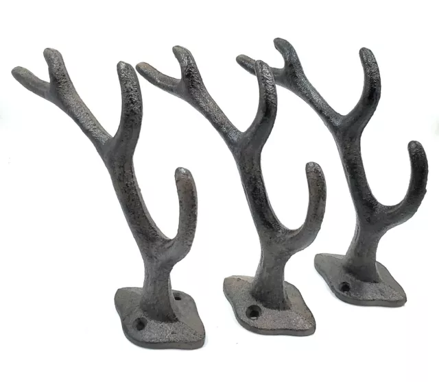 Cast Iron Deer Antlers Wall Mount Coat Hook Rustic Cabin Decor Set of 3