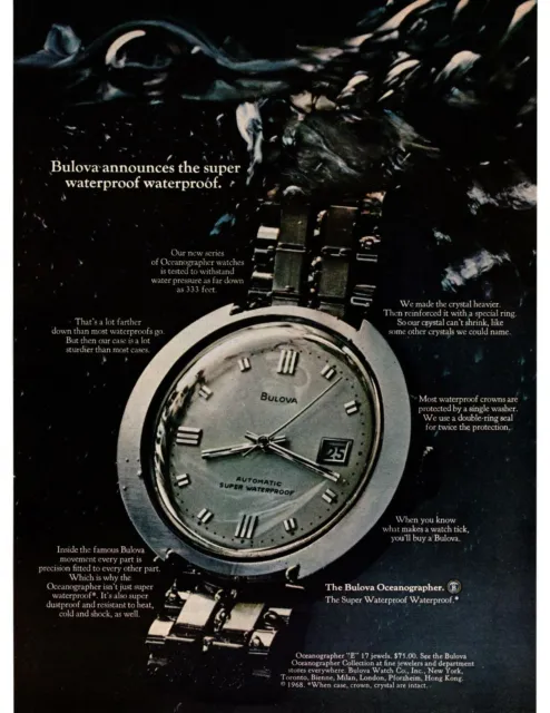 1968 Bulova Oceanographer E 17 Jewels Automatic Super Waterproof Watch Print Ad
