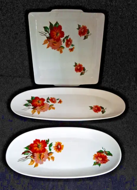 3 Platters Trays Naaman Israel Fine Porcelain Cheery Floral Pattern Vintage  EUC
