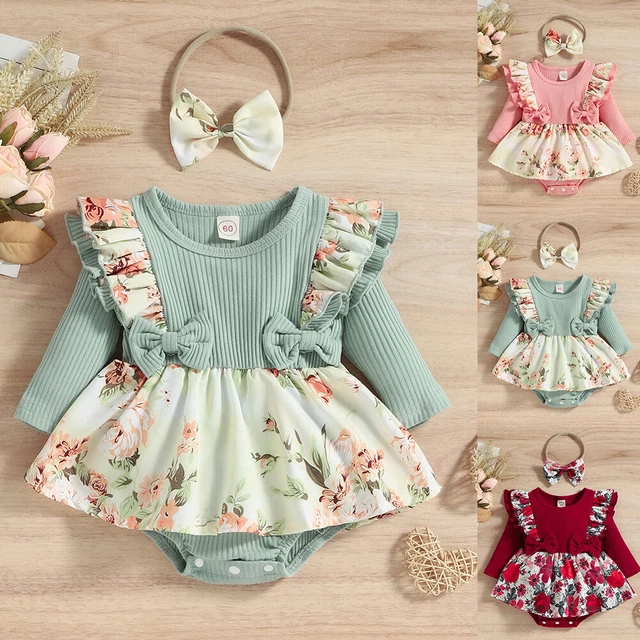 2PCS Newborn Baby Girls Floral Ruffle Romper Dress Headband Set Outfit Clothes