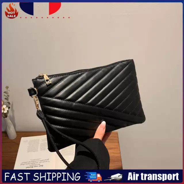 Women PU Envelope Bag Solid Color Zipper Luxury Clutch Purse Bag (Black) FR