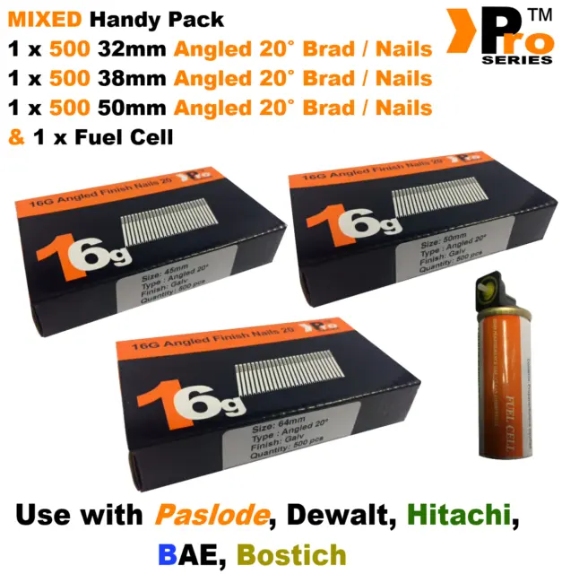 32 mm + 38 mm + 50 mm 16g ABGEWINKELTE Nägel, 3 x 500er Pack + 1 x Brennstoffzelle für Paslode