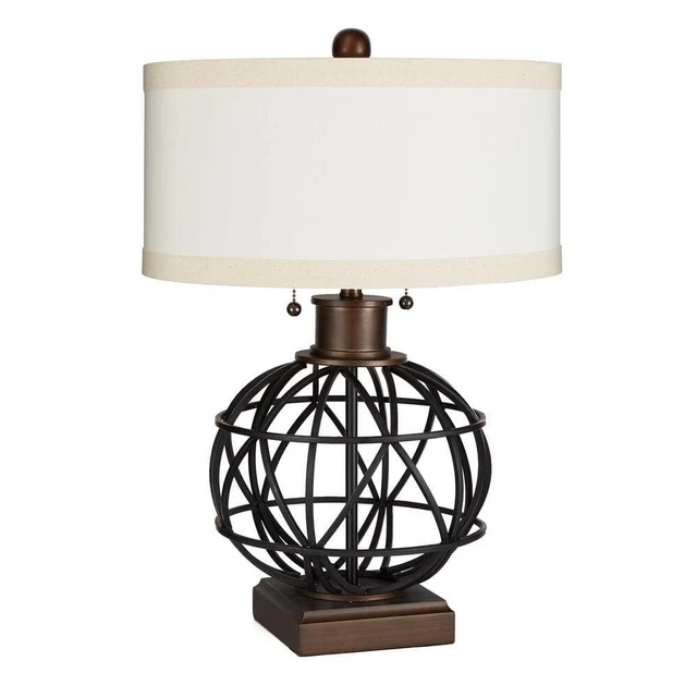 Atlas Two-Pull Bronze Metal Table Lamp with Linen Shade by Silverwood Furniture