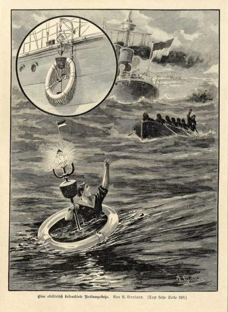 A.Greiner ( Elektrisch beleuchtete Rettungsboje ) Militärische Graphik von 1899