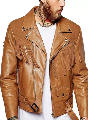 Men designer fringe Lambskin leather jacket western cowboy leather Coat