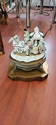 Vintage ornate Porcelain Horse & Carriage Princess Lamp Table on brass stand
