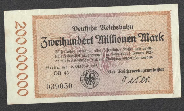 RVM- 8c), Reichsbahn - Berlin; 200 Mio. Mark vom 10. Oktober 1923; Serie „OB"