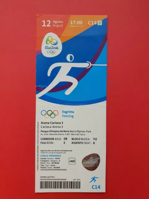 Used Ticket Olympic Games 2016 Rio Olympia Fencing C14 Fechten Esgrima