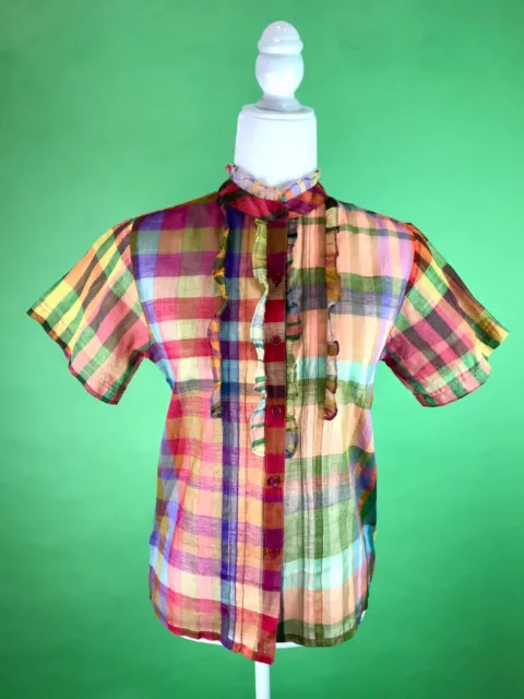 DEADSTOCK VINTAGE SHEER Ruffled Rainbow Plaid Shirt - Madras Shirt ...
