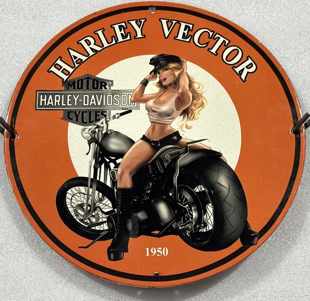 1950 Harley- Davidson Motorcycle Garage Sexy Girl Pinup Porcelain Enamel Sign.