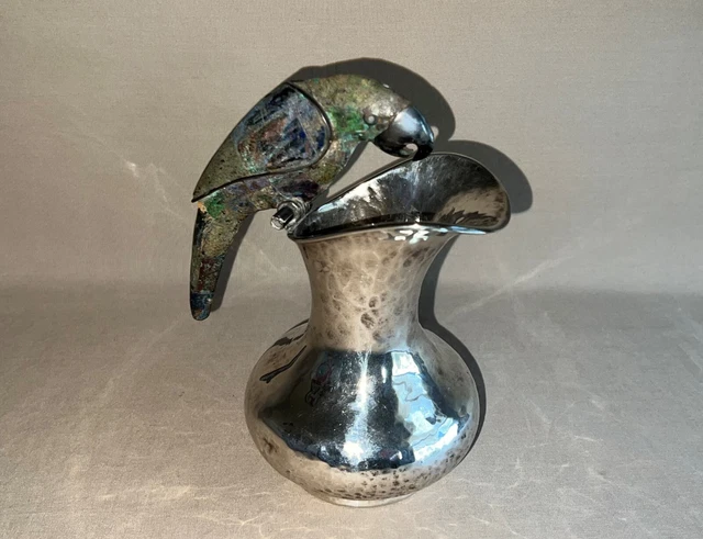 Los Castillo Taxco Vintage Silverplate Mexico Stone Inlay Parrot Pitcher 7"