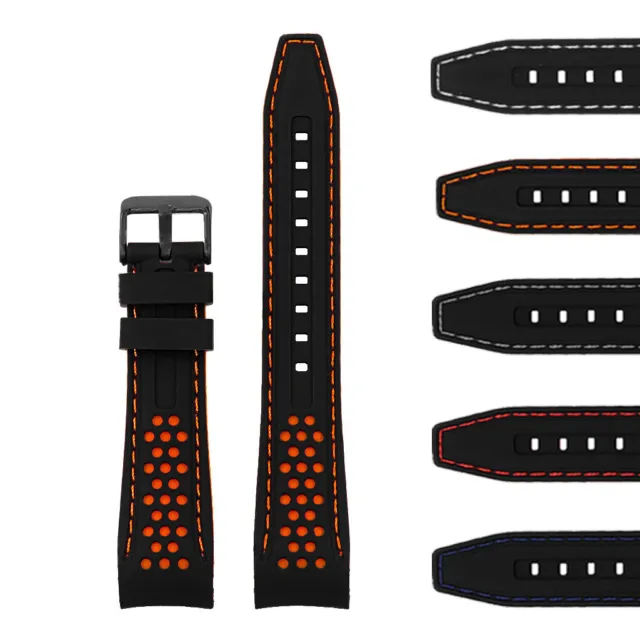 StrapsCo Rubber Perforated Rally Watch Strap Band w/ Curved Ends & Black Buckle