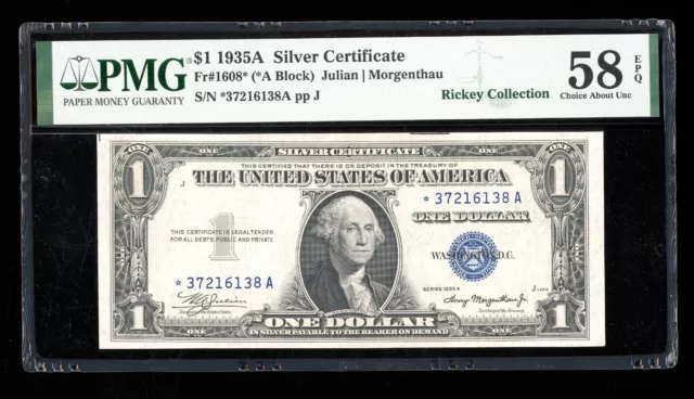 DBR 1935-A $1 Silver STAR Fr. 1608* PMG 58 EPQ Serial *37216138A