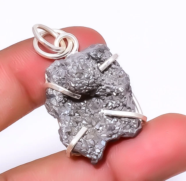 Titanium Silver Agate Drusy Gemstone 925 Sterling Silver Pendant 1.72" A318