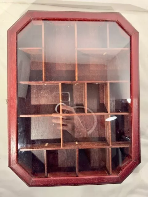 Wall Glass Display Case Wood Curio Cabinet Knick Knack Shadow Box Shelf Hexagon