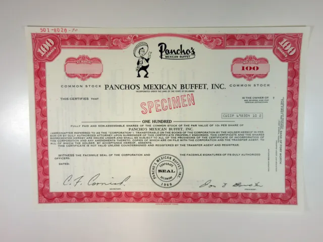 Pancho's Mexican Buffet, Inc, 1970 100 Shrs Specimen Stock Cert, XF ABNC