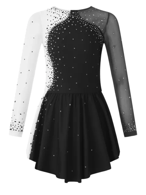 Girls Rhinestones Mesh Splice Figure Ice Skating Dress Dance Gymnastics Leotard